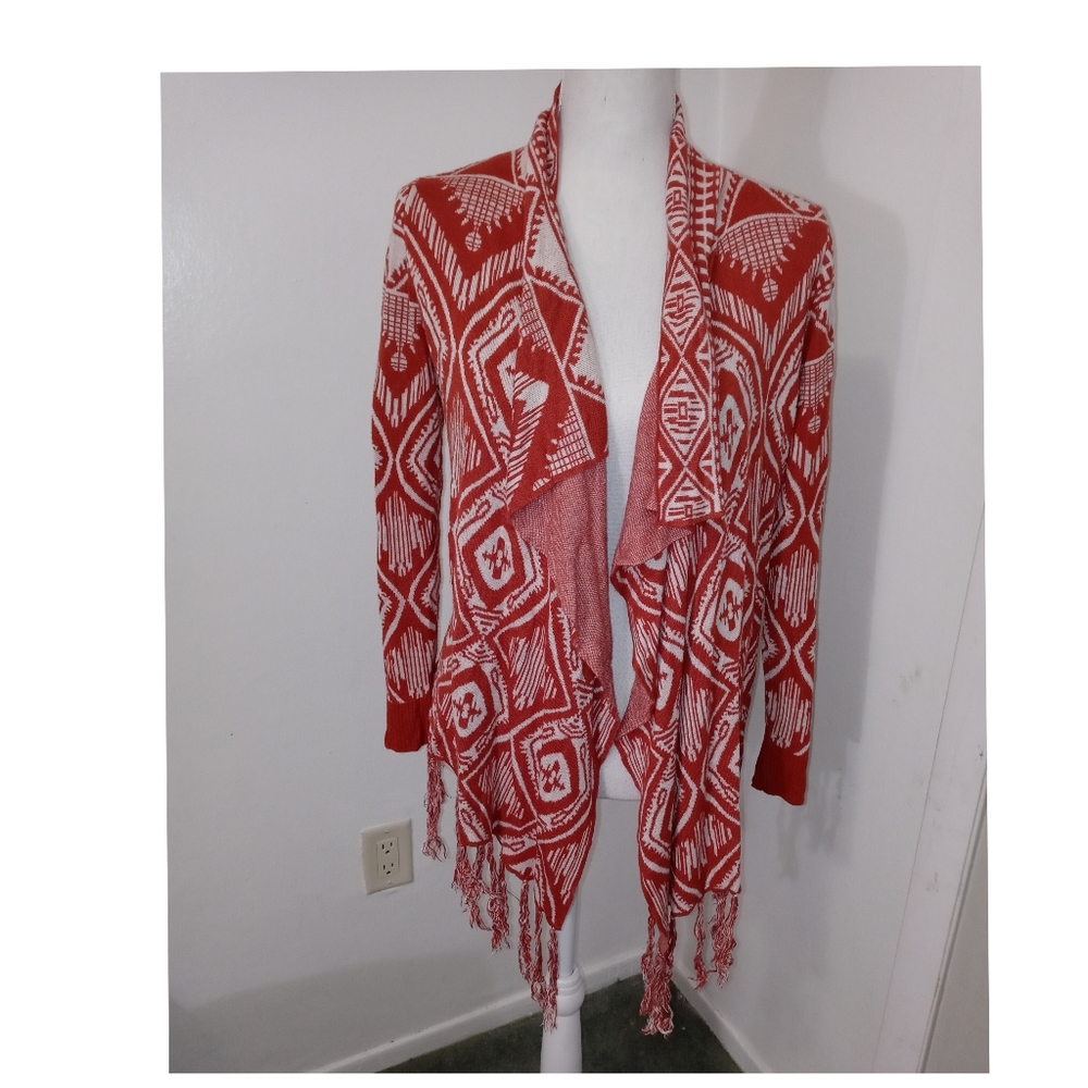 Boho Aztec Print Long Sleeve Size Large Knit Waterfall Front Tasseled Cardigan●